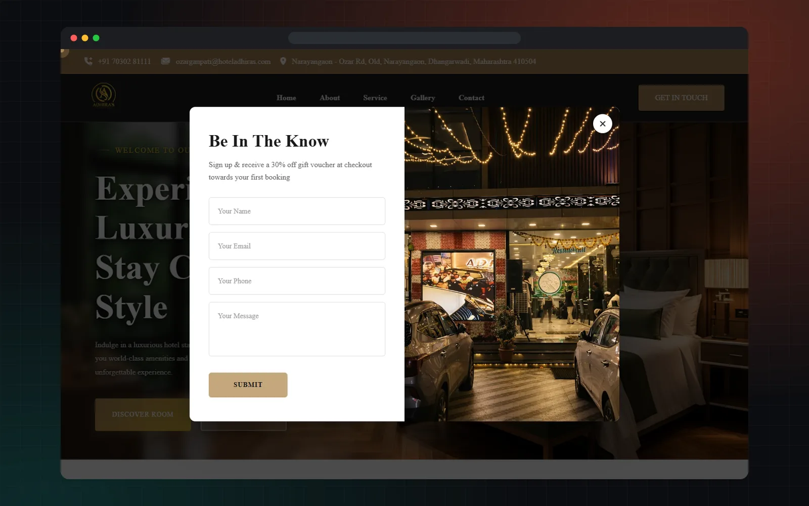 Enquiry popup on the Hotel Adhiras website