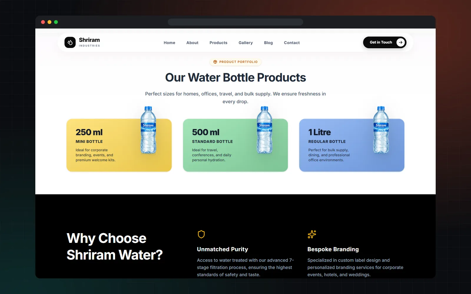Product section of the Shriram Industries website showing three bottle sizes