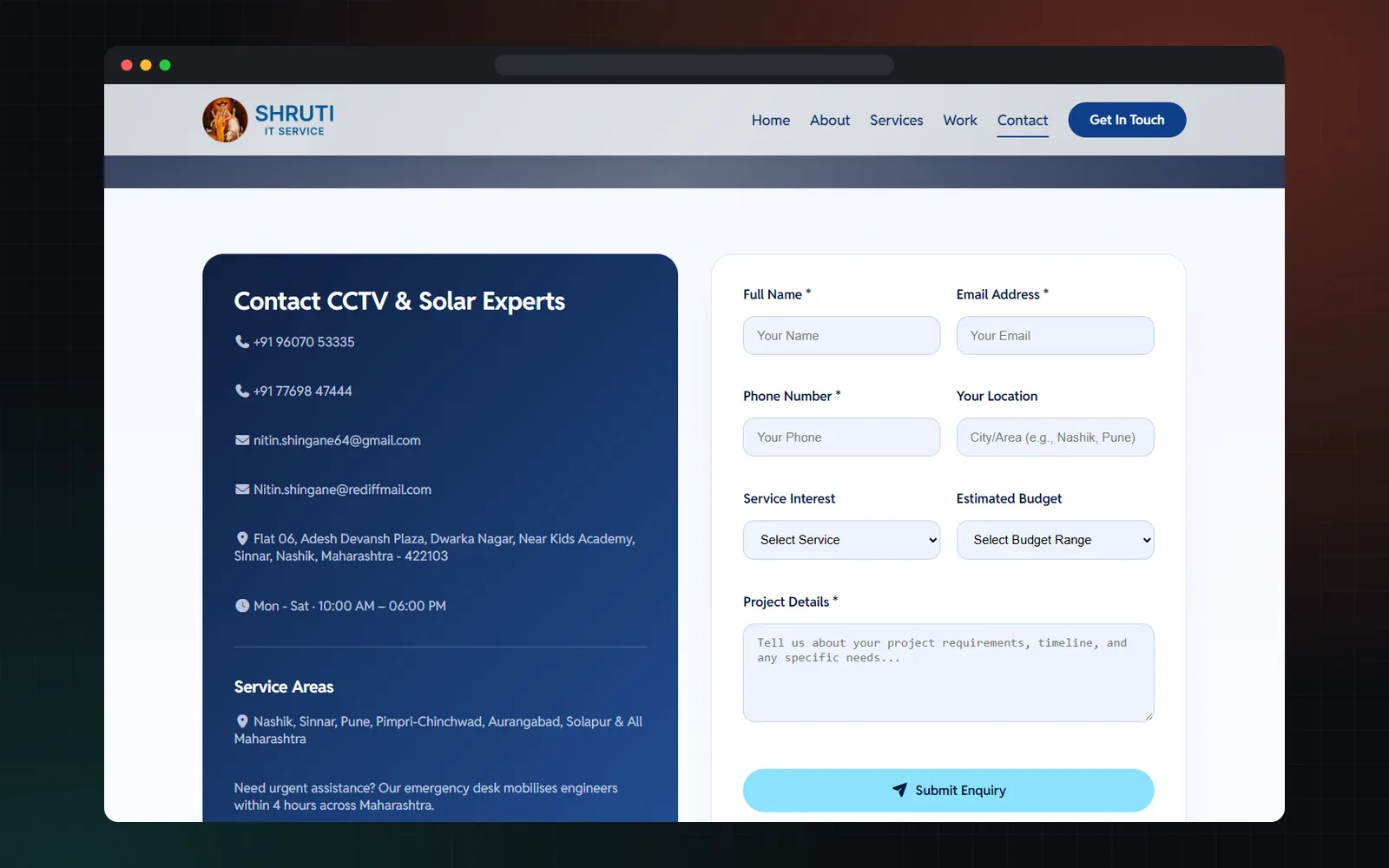 Contact page of the Shruti IT Service website with the enquiry form